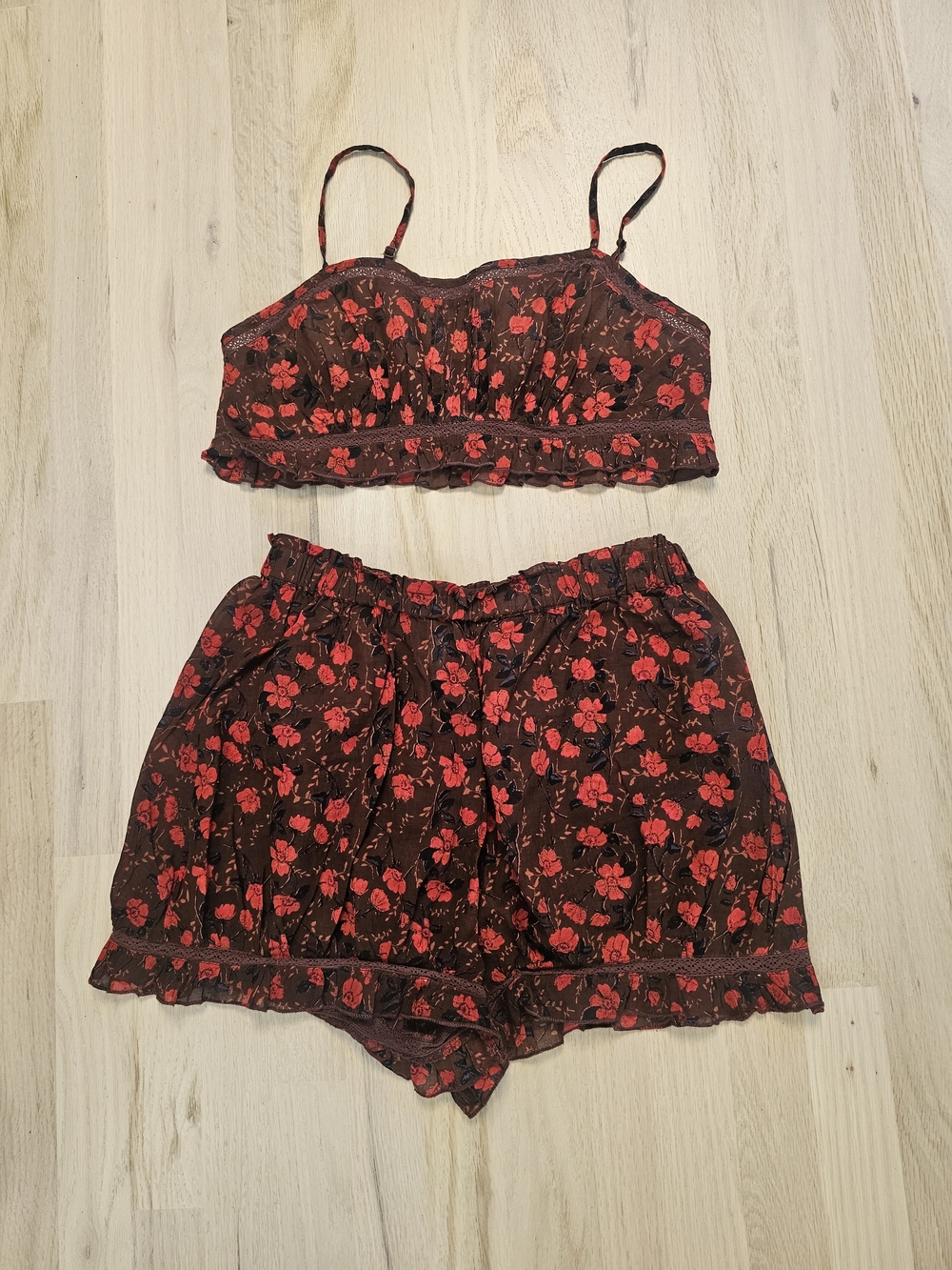 Free People Intimately Red Floral Lace-Trim Bralette & Bloomer Shorts Set